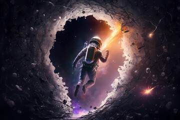 Obraz na płótnie Canvas a galaxy emerges as an astronaut goes through a black hole, Generative AI