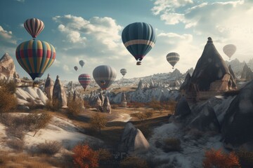 Obraz premium Many hot air balloon in sunset. Cappadocia Generative AI