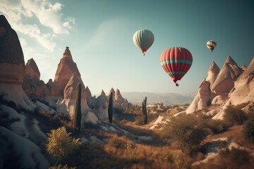 Fototapeta na wymiar Many hot air balloon in sunset. Cappadocia Generative AI