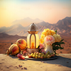 Ramadan poster with a photo of beautiful lantern decoration. Islamic greetings Ramadan Kareem card design background with beautiful gold. - obrazy, fototapety, plakaty