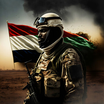 Sudanese Army Soldier With Sudan Flag War Conflict Concept