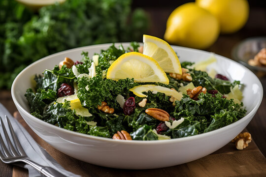 Kale Salad, Kale and other ingredients are finely chopped and layered in a bowl, lemon wedges and a few walnuts for texture. made with ai