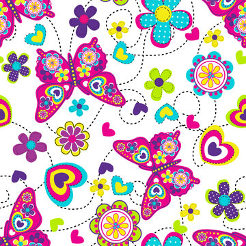 Vector seamless geometric cute pattern with colorful butterfly, flowers and hearts. Fashion illustration in modern style. Girlish funny wallpaper  for textile and fabric. 