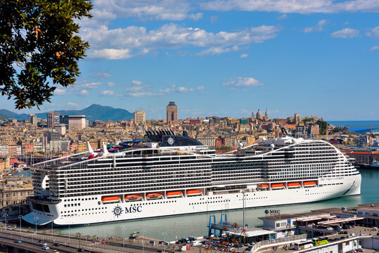 the cruise ship msc world Europa in the port of genoa April 16 2023 Genoa Italy	