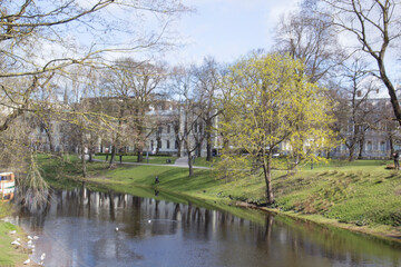 Fototapeta na wymiar A beautiful view of the Riga Canal in Vermanes Garden, Riga, Latvia