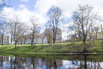 A beautiful view of the Riga Canal in Vermanes Garden, Riga, Latvia