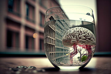 Brains in the glass with transparent liquid on the windowsill. Experiment on the brain. Brainwashing concept. Generative AI