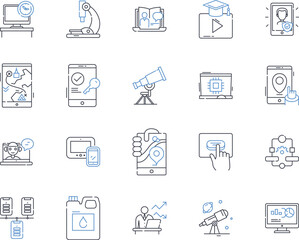 Mechanization and automation line icons collection. Robotics, Sensors, Assembly, Innovation, Repetition, Efficiency, Industrialization vector and linear illustration. Precision,Engineering