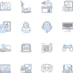 Virtual design line icons collection. D, Rendering, Augmented, Virtual, Prototyping, Simulation, Modeling vector and linear illustration. Interactive,Visualization,Unreal outline signs set