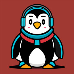 Cute mascot design for a penguin wearing a headset, flat cartoon design in a cool animal style. Suitable for book design, cards, website pages