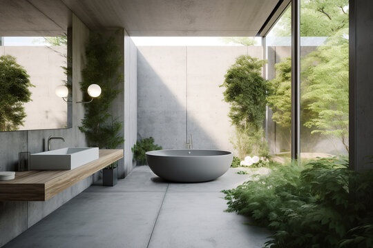 Luxury modern design indoor outdoor concrete bathroom with bathtub. Generative AI.