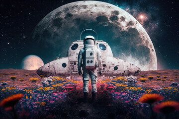 Obraz na płótnie Canvas Astronaut standing on the field of flowers on another planet, generative AI