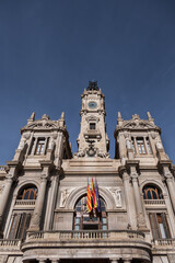 Fototapeta na wymiar Valencia City Hall (Ayuntamiento de Valencia) built in an eclectic style in the 18th century is located on Valencia central Plaza del Ayuntamiento. VALENCIA, SPAIN.