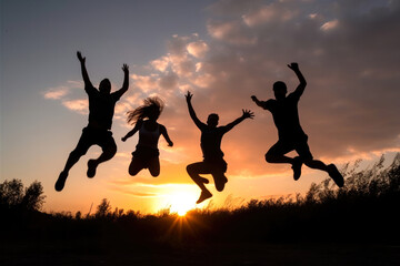 People jumping in mid air in late sunset, high quality generative ai