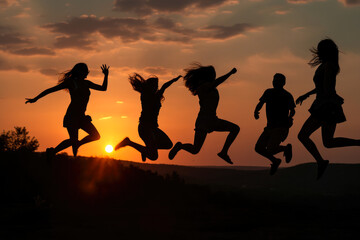 People jumping in mid air in late sunset, high quality generative ai