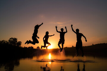 Fototapeta na wymiar People jumping into a lake, mid air shot in late sunset, high quality generative ai