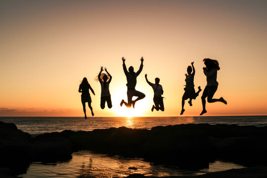 People jumping into a sea on the beach, mid air shot in late sunset, high quality generative ai
