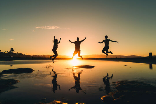 People jumping into a lake, mid air shot in late sunset, high quality generative ai