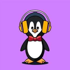 Cute mascot design for a penguin wearing a headset, flat cartoon design in a cool animal style. Suitable for book design, cards, website pages