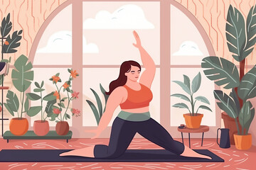 A woman doing yoga in a room with potted plants created with Generative AI technology