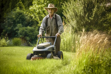 Fototapeta premium Older man mowing lawn on a sunny day, high quality generative ai