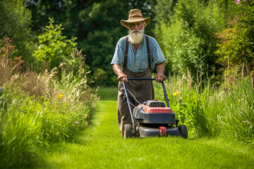 Older man with a long beard mowing lawn on a sunny day, high quality generative ai
