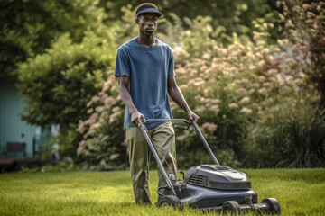 Younger black man mowing lawn on a sunny day, high quality generative ai - obrazy, fototapety, plakaty