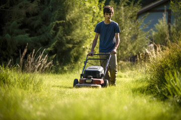 Younger man mowing lawn on a sunny day, high quality generative ai