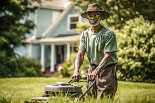 Older black man mowing lawn on a sunny day, high quality generative ai