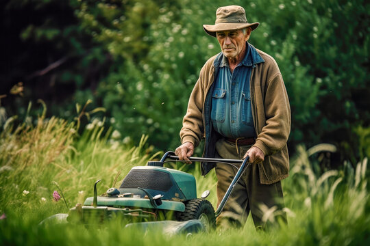 Older man mowing lawn on a sunny day, high quality generative ai