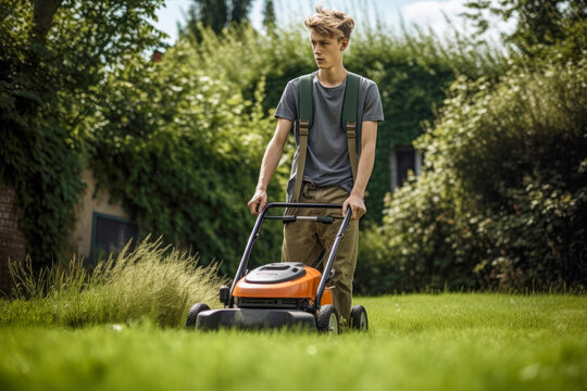 Younger man mowing lawn on a sunny day, high quality generative ai