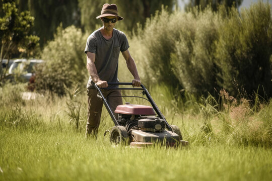 Younger man mowing lawn on a sunny day, high quality generative ai