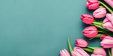 Pink Tulips on Teal Green Background, Flower Flat Lay Mothers Day Concept with Copy Space, Generative AI