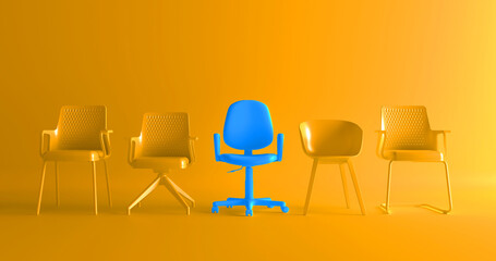 Obraz premium The blue chair that stands out from the crowd. Business concept 3D rendering. We are hiring. Leadship concept.