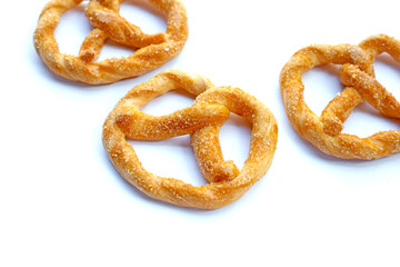 Soft pretzels on a white background.