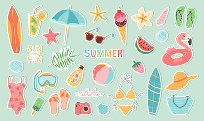 Set of summer stickers. Icons for tropical vacation. Seasonal elements collection. Flamingos, ice cream, pineapple, tropic leaves, cocktails, plumeria, watermelon, beach accessories.