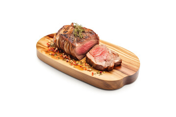 a wooden plate of beef steak grilled with sauce isolated on white background. Created with Generative AI Technology