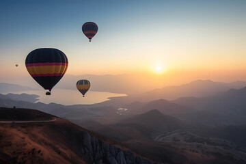 Fototapeta premium Hot air balloons flying over mountains, Generative AI