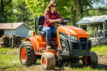 Obraz premium Woman riding a tractor mower on a sunny day, high quality generative ai