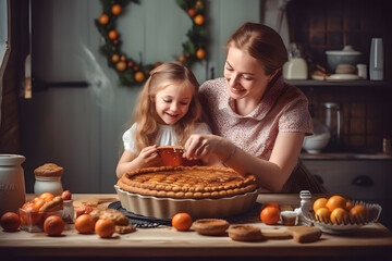 Mother and daughter making pie together, Generative AI