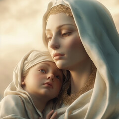 Holy Mary with baby Jesus. Mary and Jesus White background banner art. Generative AI