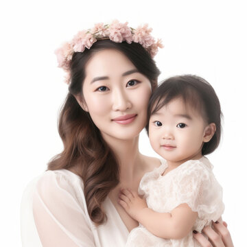 Happy asian mom holding her daughter. Cheerful asian toddler daughter hugging happy mother. Mother day concept. Generative AI