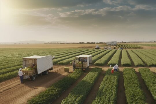 People working in agriculture. They are farming using modern technology for harvesting/planting. Created with generative AI