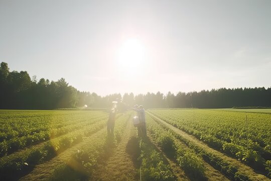 People working in agriculture. They are farming using modern technology for harvesting/planting. Created with generative AI