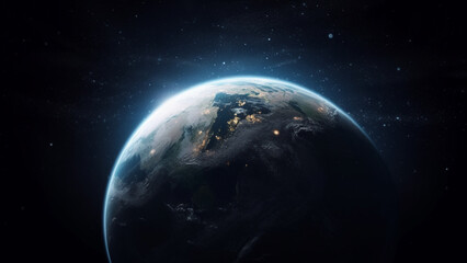 Naklejka premium Blue sunrise, view of earth from space. Generative AI