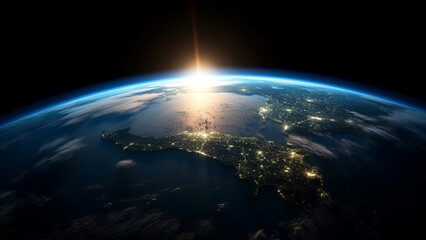 Fototapeta premium Blue sunrise, view of earth from space. Generative AI