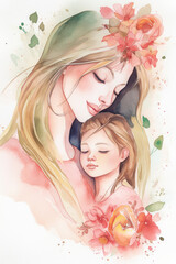 Obraz na płótnie Canvas Mother's day concept. A watercolor painting of a mother hugging her daughter. Generative AI