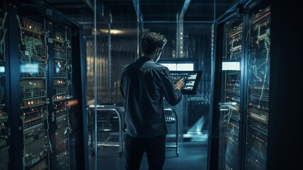 Fototapeta premium Network engineer working in server room. Datacenter. Generative AI