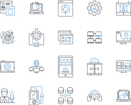 Information systems line icons collection. Database, Nerking, Storage, Analytics, Security, Automation, Integration vector and linear illustration. Cloud,Artificial Intelligence,Business Intelligence
