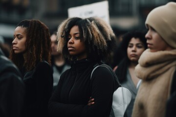Fototapeta premium Womans marching in protest with a group of protestors with their fist raised in the air as a sign of unity for diversity and inclusion. generative AI